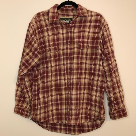 Field&Stream Men’s Medium Maroon Red and White Plaid Flannel Shirt With Buttons - Picture 2 of 4